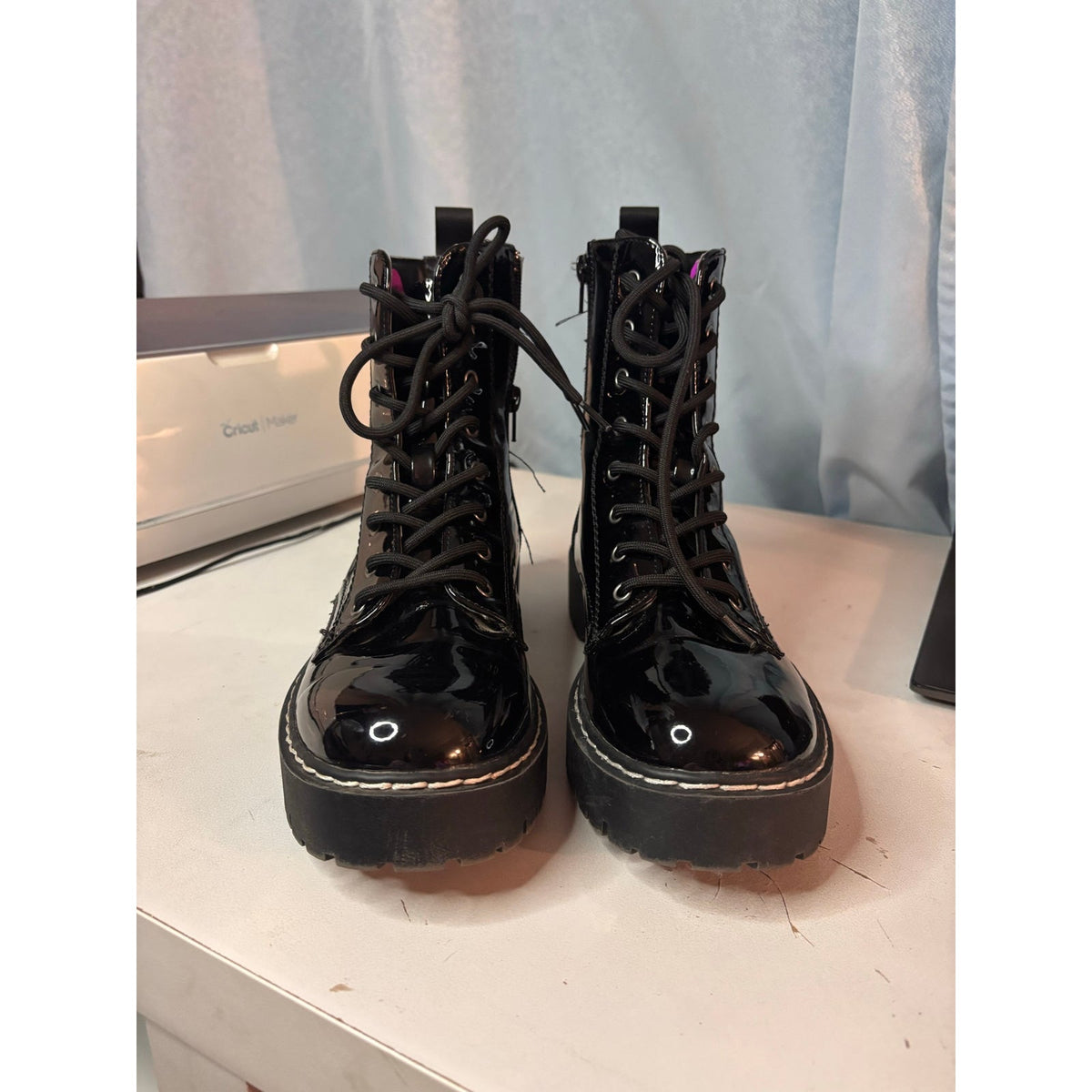 Y2K Goth Black Patent Chunky Platform Combat Boots Lug Sole Lace Up Women 8.5