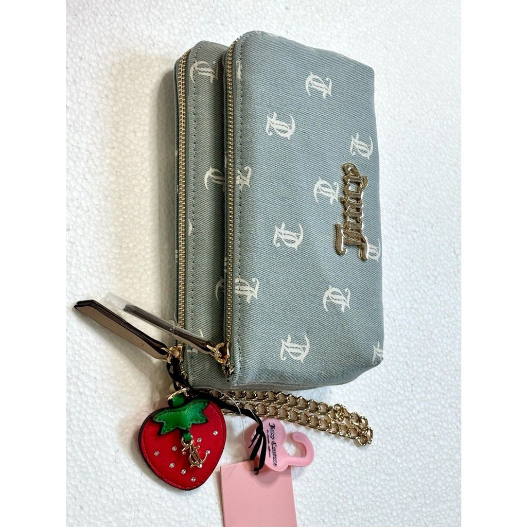 Juicy Couture Denim Days Wallet Wristlet Y2K Light Washed Denim Strawberry Charm NWT