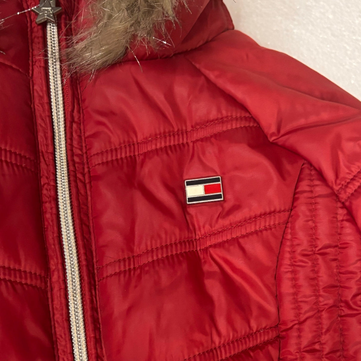 Tommy Hilfiger Girls Red Puffer Jacket Faux Fur Hood Preppy Winter Coat 6X Kids