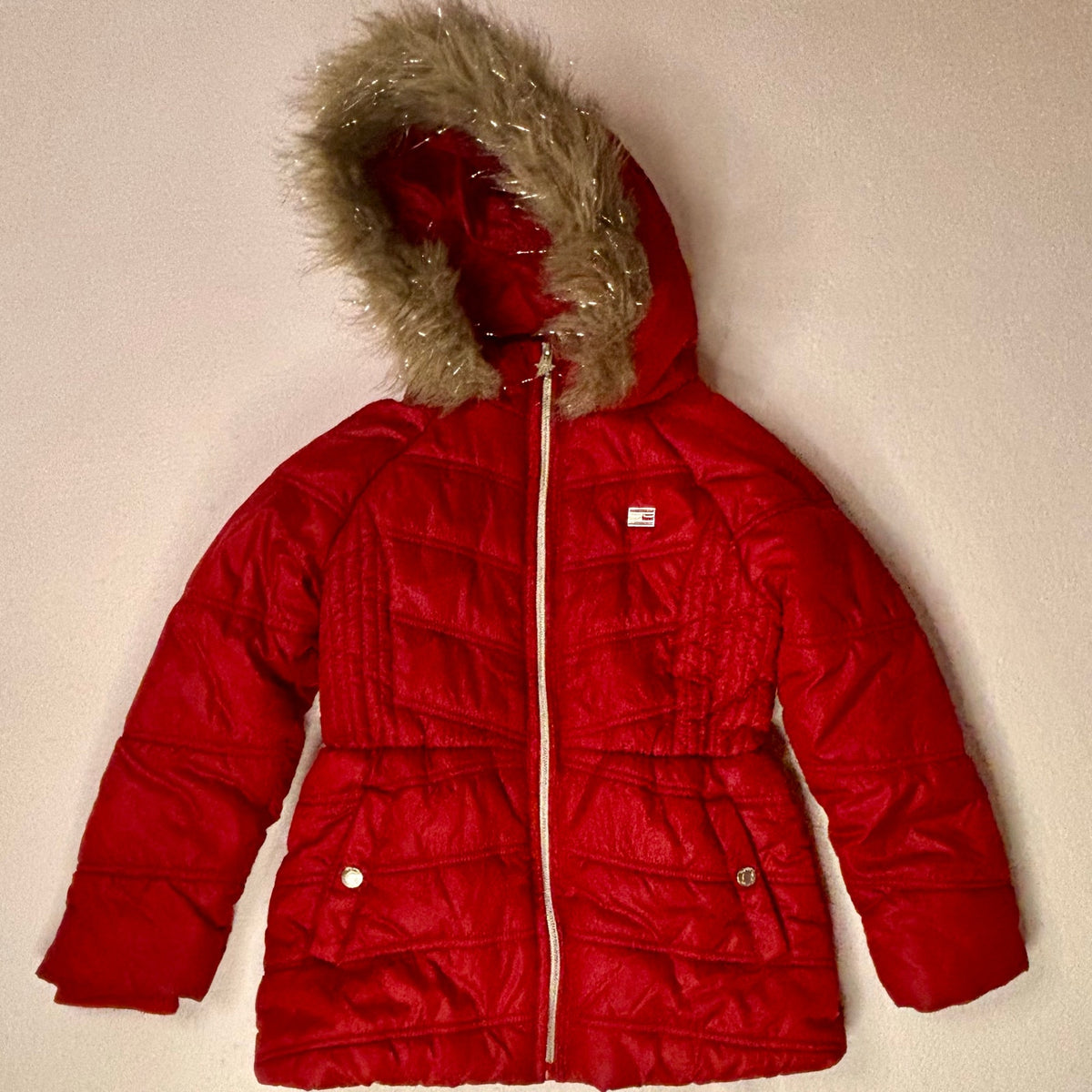 Tommy Hilfiger Girls Red Puffer Jacket Faux Fur Hood Preppy Winter Coat 6X Kids