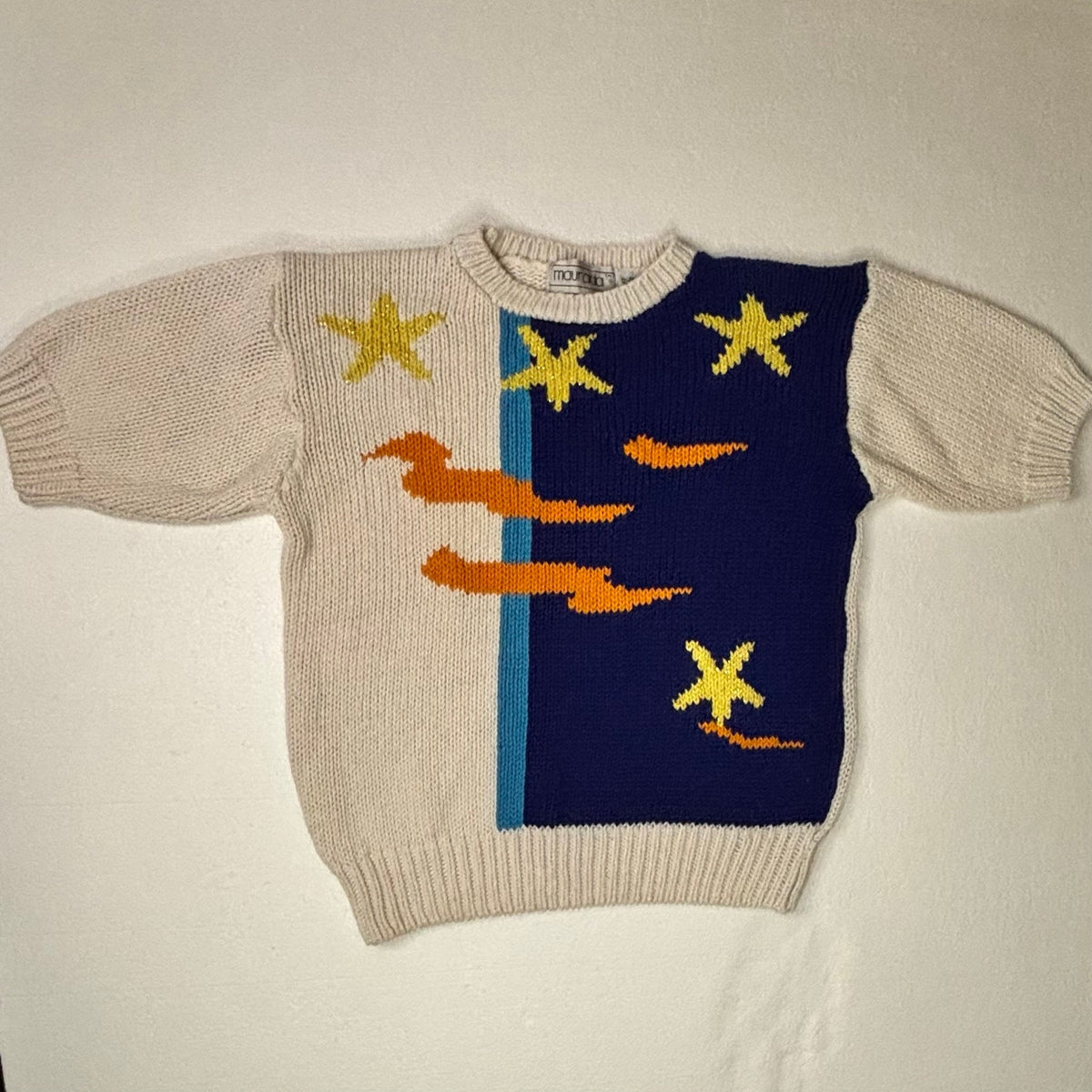 Vintage 80s Celestial Star Chunky Knit Sweater Cream Short Sleeve coastal Women