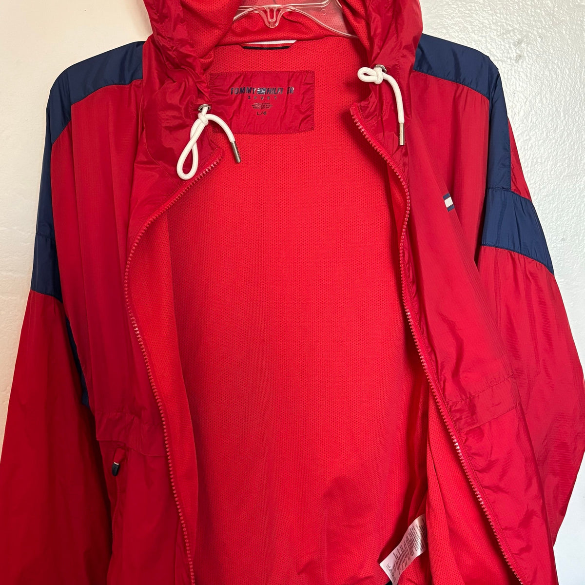 Tommy Hilfiger L Sport windbreaker colorblock red navy hooded Y2K retro women
