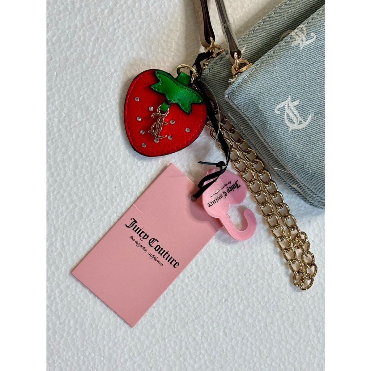 Juicy Couture Denim Days Wallet Wristlet Y2K Light Washed Denim Strawberry Charm NWT