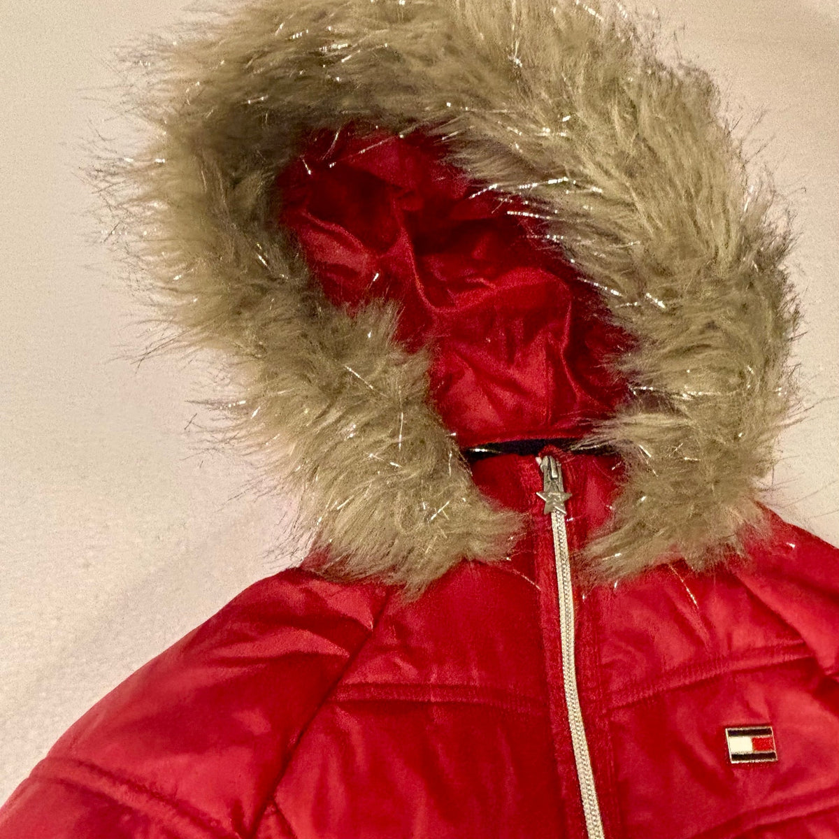 Tommy Hilfiger Girls Red Puffer Jacket Faux Fur Hood Preppy Winter Coat 6X Kids