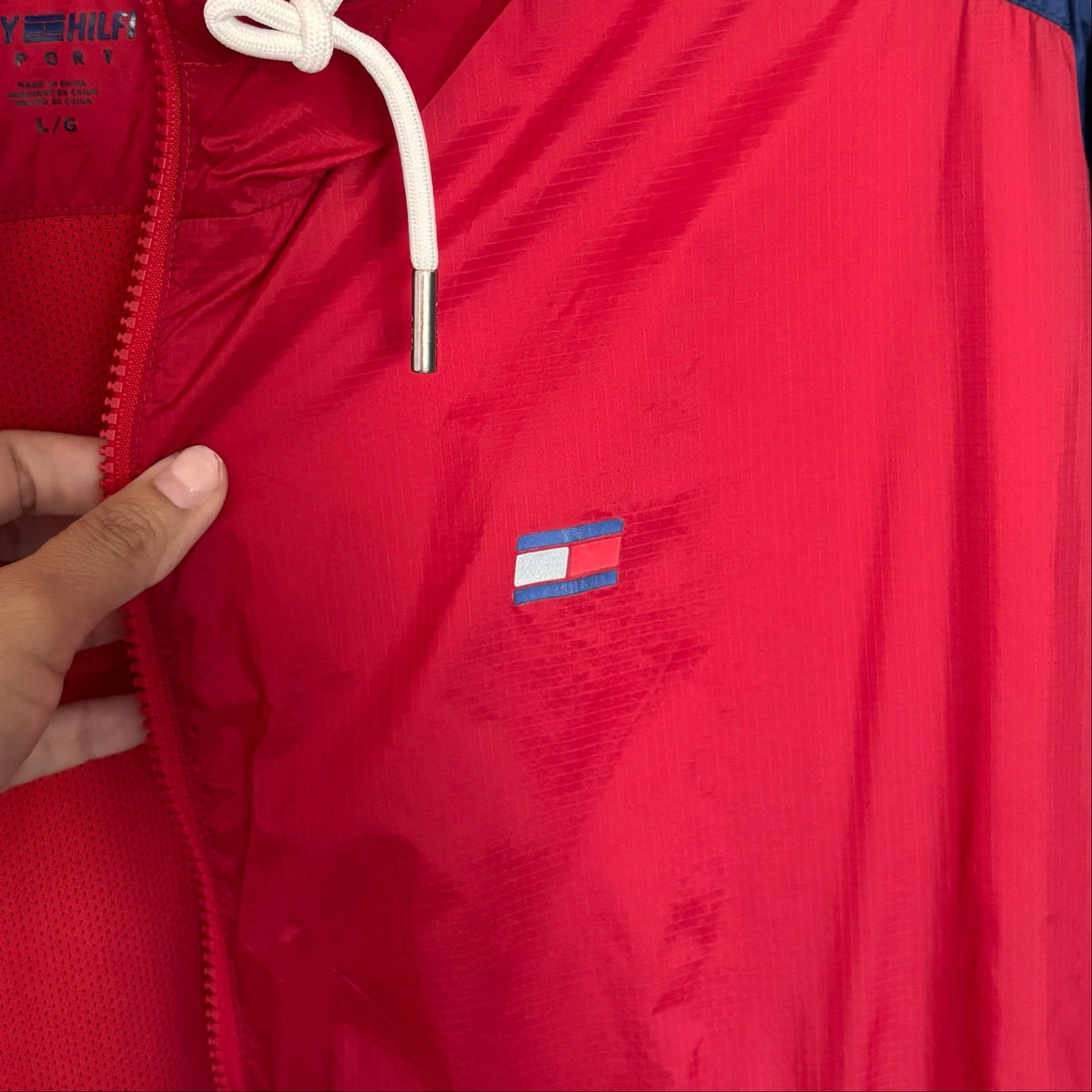 Tommy Hilfiger L Sport windbreaker colorblock red navy hooded Y2K retro women
