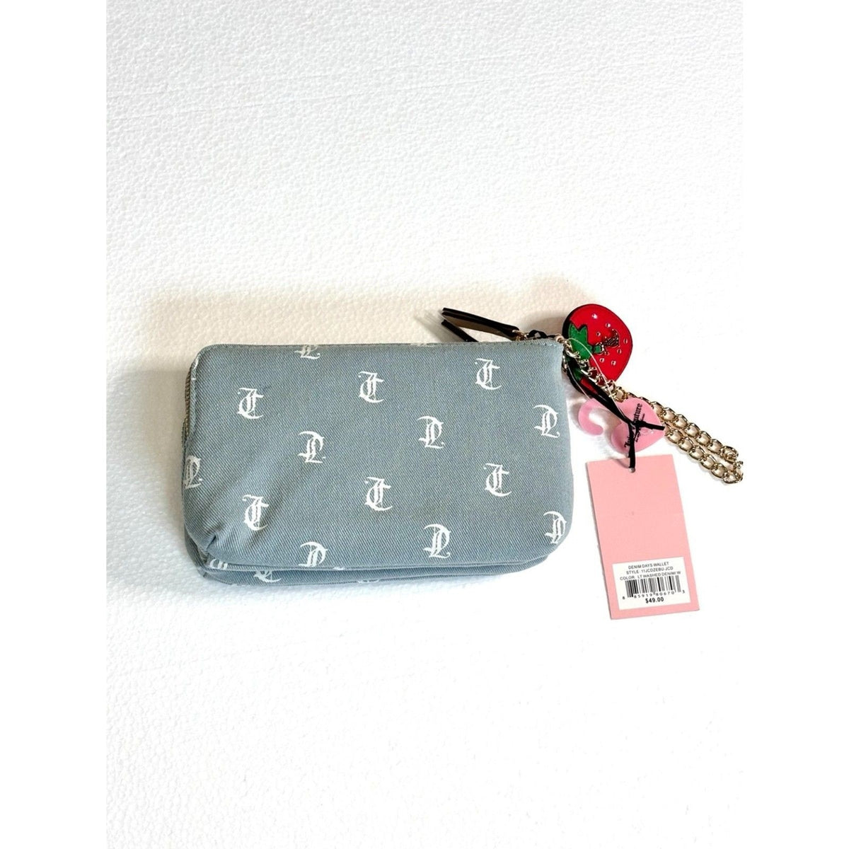 Juicy Couture Denim Days Wallet Wristlet Y2K Light Washed Denim Strawberry Charm NWT