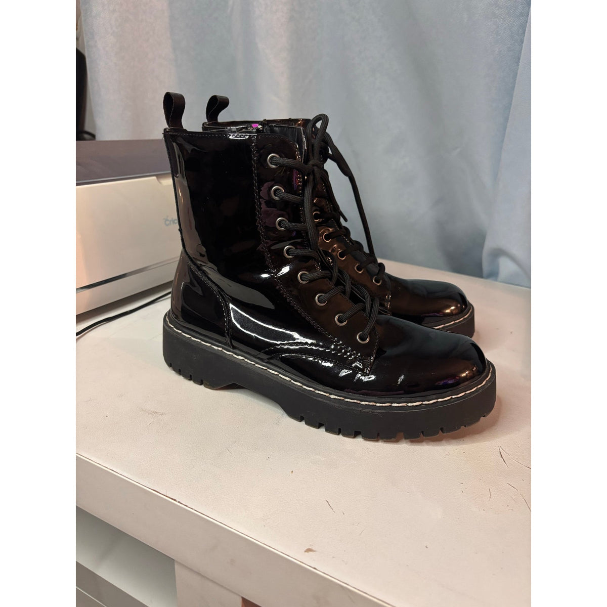 Y2K Goth Black Patent Chunky Platform Combat Boots Lug Sole Lace Up Women 8.5