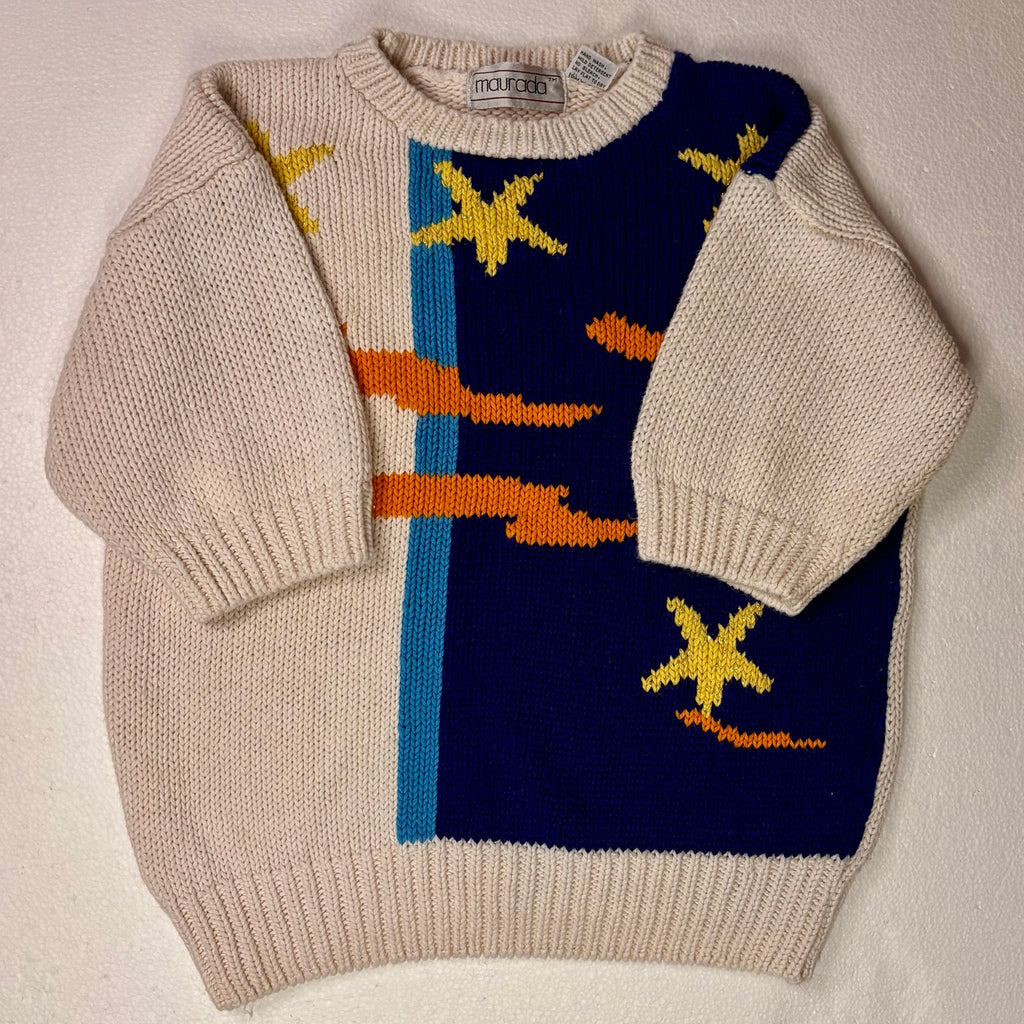 Vintage 80s Celestial Star Chunky Knit Sweater Cream Short Sleeve coastal Women