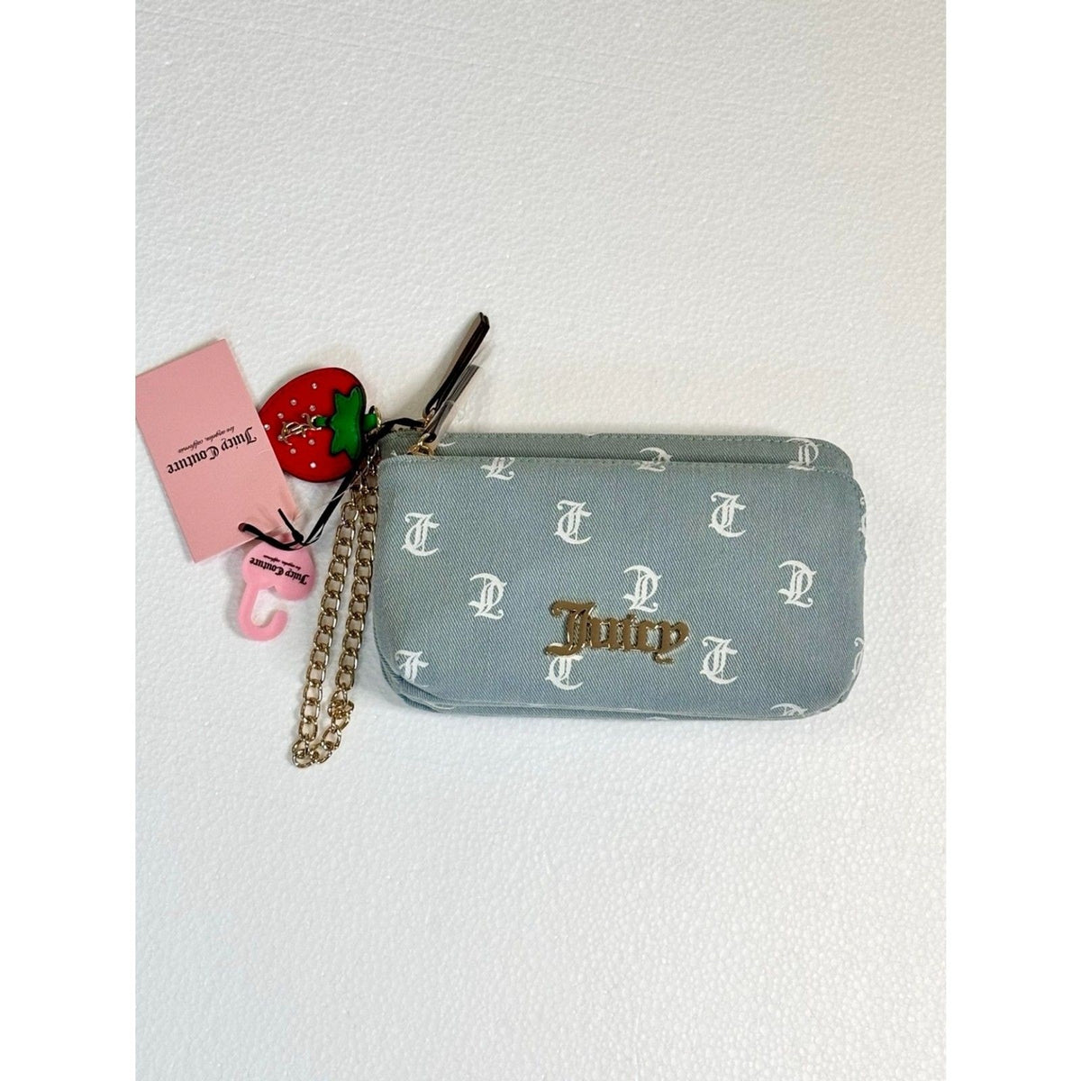 Juicy Couture Denim Days Wallet Wristlet Y2K Light Washed Denim Strawberry Charm NWT