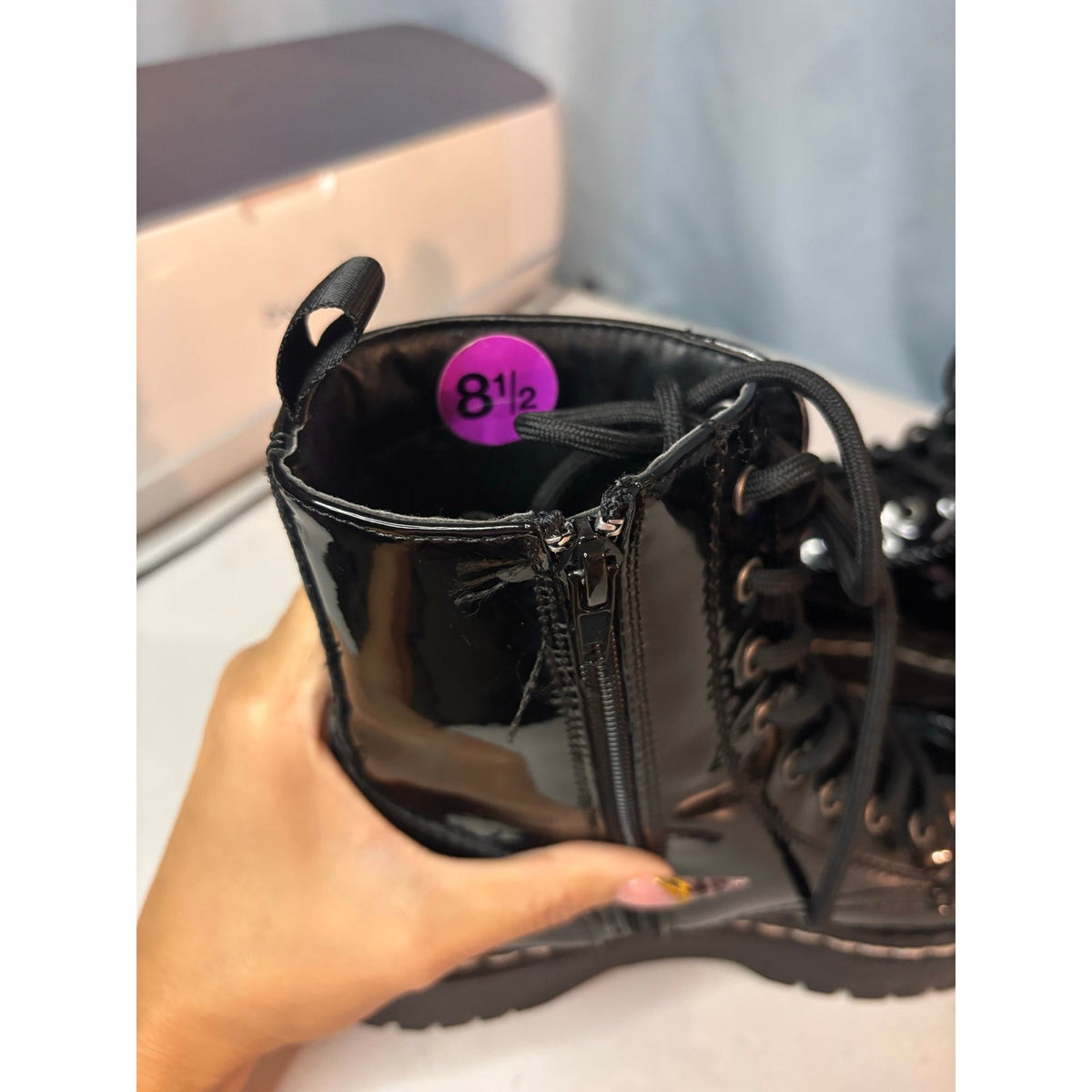 Y2K Goth Black Patent Chunky Platform Combat Boots Lug Sole Lace Up Women 8.5